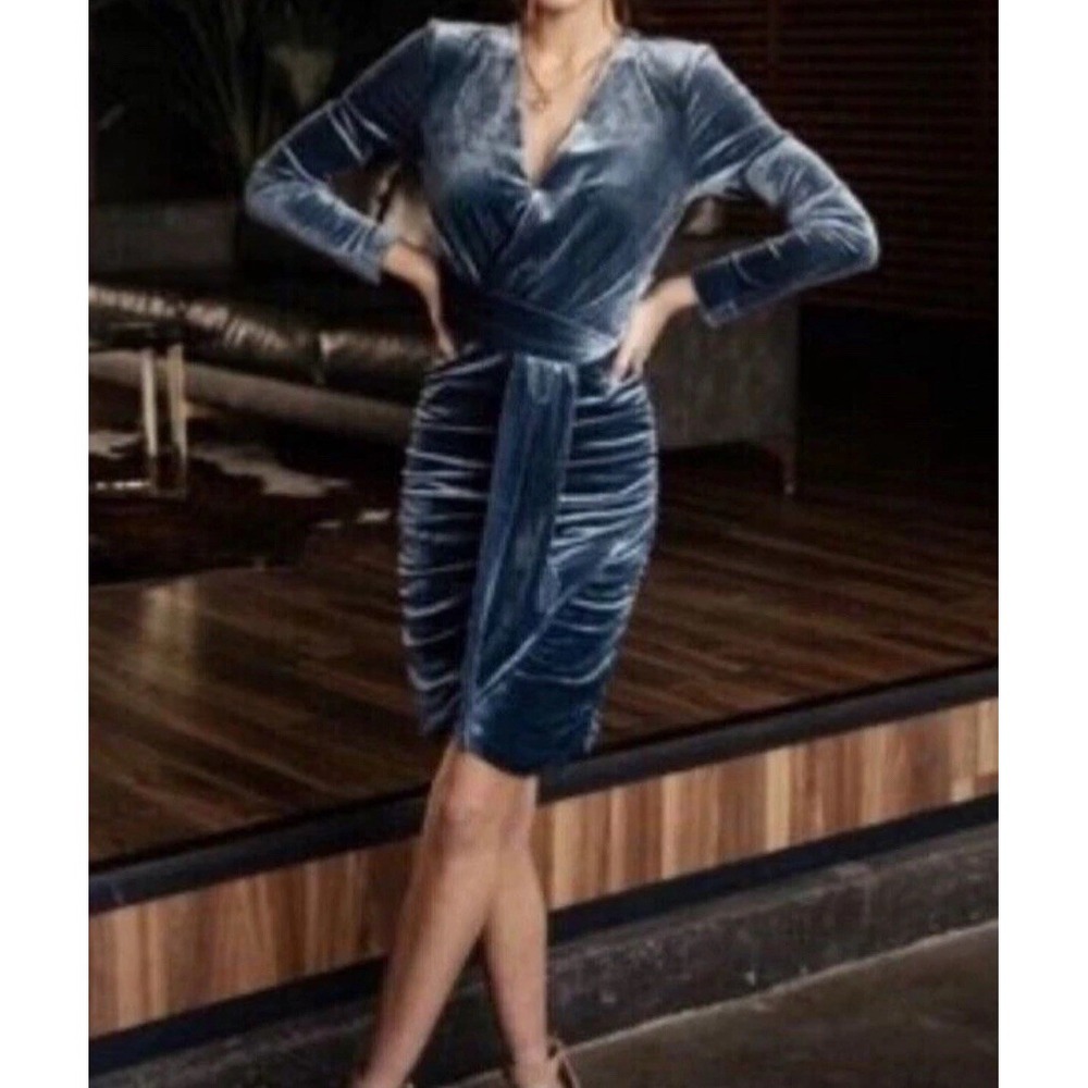 NWT Bohme‎ Wrap Dress Size M Teal Turquoise Velvet Ruched Midi Cocktail Holiday